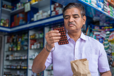 a man looking at the medicine pills in his hand
